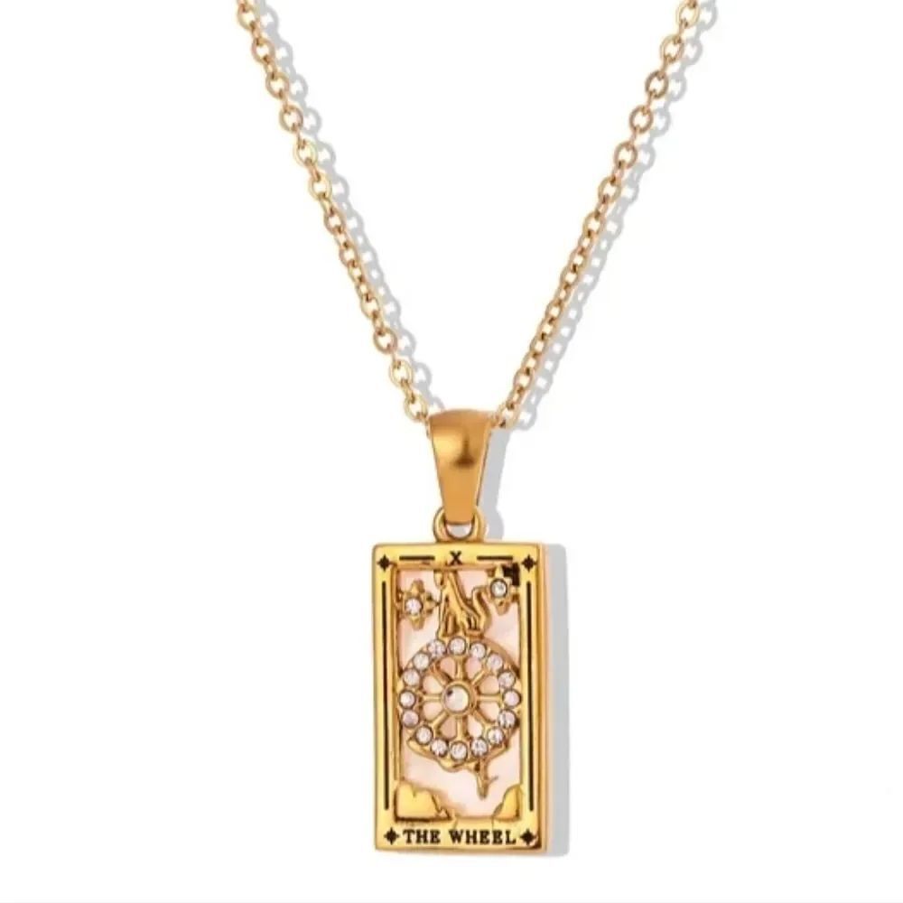 The Wheel Tarot Card Pendant Necklace 18K Gold Enamel Rectangle Stainles…